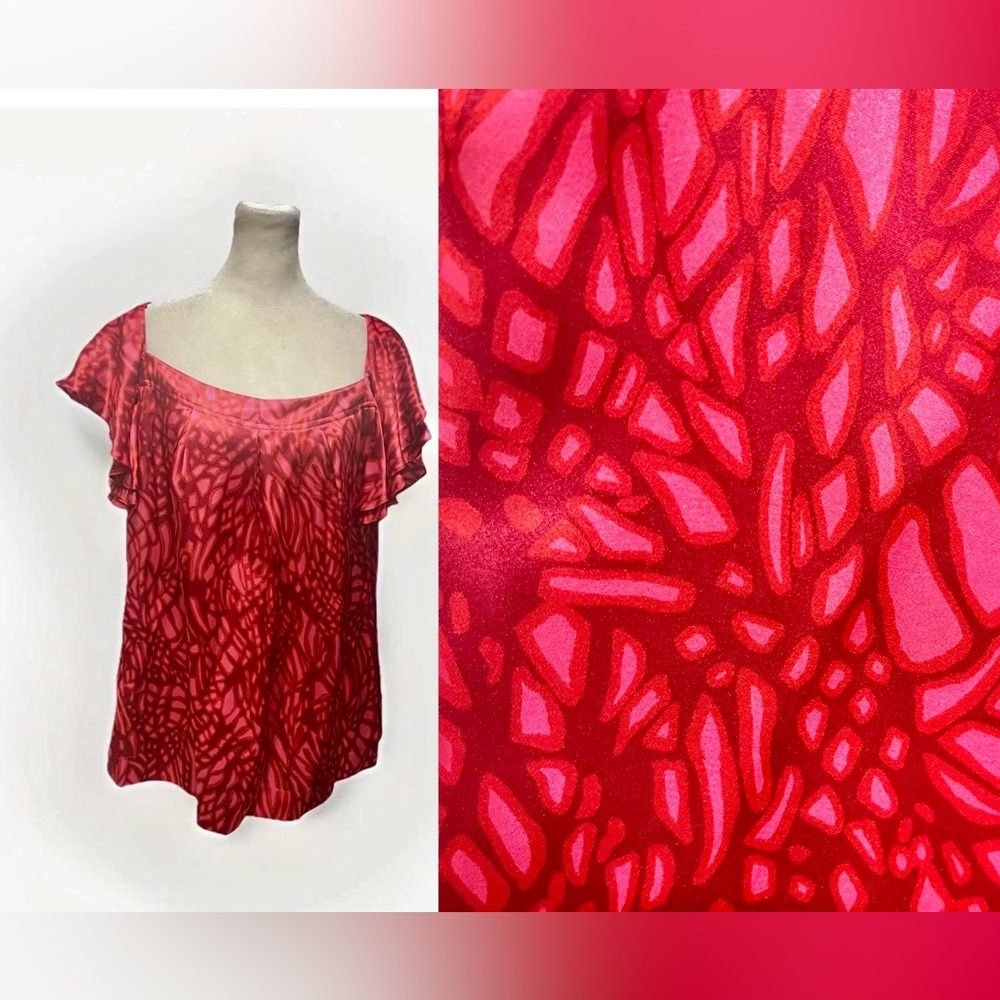 Pink Red 100% Silk Flutter Ruffle Sleeve Blouse Top size L office dressy